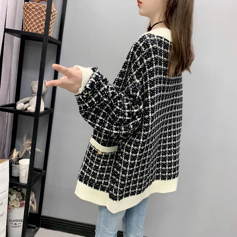 Women Sweater Jacket 2020 Oversized Knitted Cardigans Loose Plaid Jumpers Korean Clothing Robe Long Coat sueter feminino OK492 |