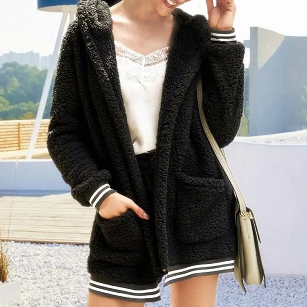

Fresh Fleece Jacket Ultra Soft Cardigan Jacket Ribbed Cuff Cold Resistant Solid Color Large Pockets Fluffy Coat