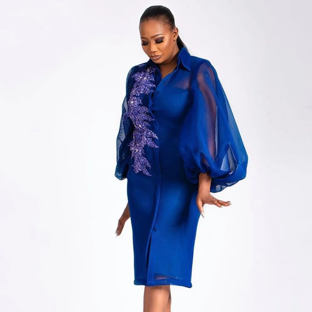 

Lapel Lantern Sleeve Skirt Dress Blue Causal Dress Mesh Sleeve High Waist Bag Hip Embroidered Plus Size Women's Dress 2XL