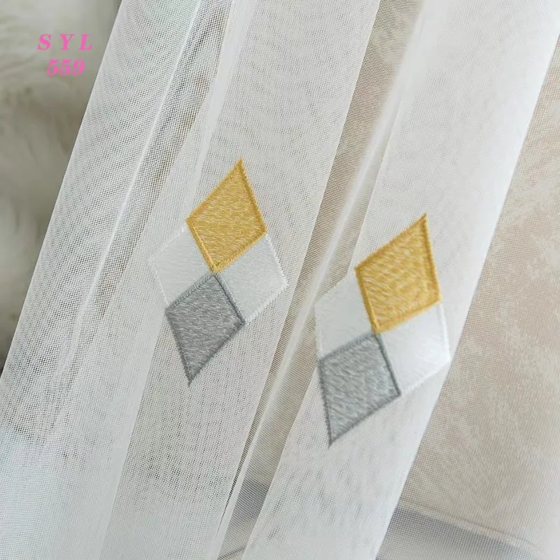 

Embroidered White Tulle Nordic Curtains for Living Room Korean Pastoral Princes Geometric Diamond Lattice Curtain Bedroom Custom