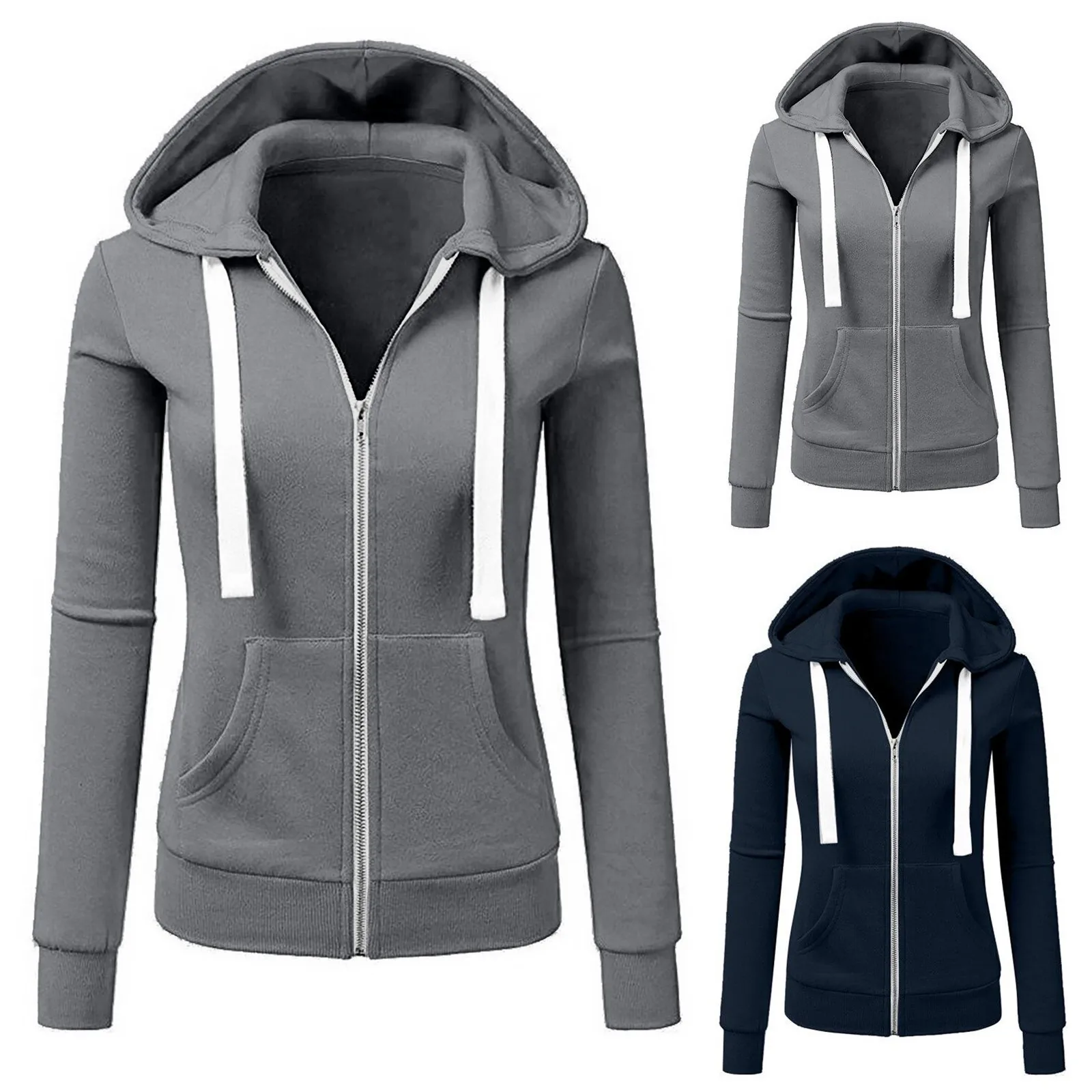 

Женская куртка с капюшоном, однотонная толстовка на молнии с карманами и длинным рукавом, свободные модные осенне-зимние женские топы, паль...