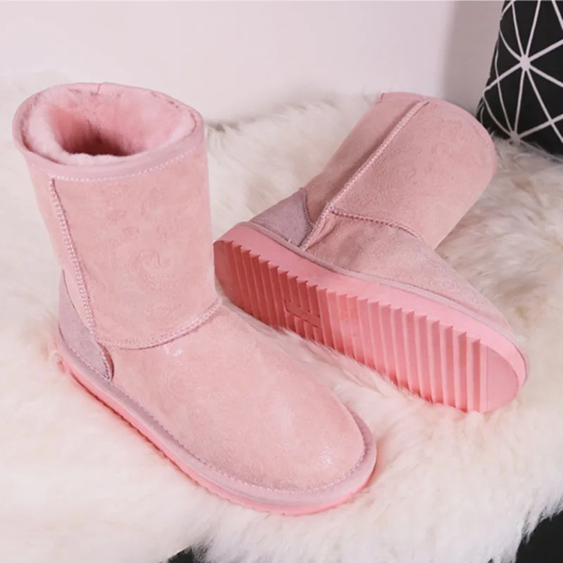 pink Pteris G& Zaco/Роскошные зимние сапоги; женские сапоги из овечьей шерсти; зимние сапоги из натуральной овечьей кожи; классические женские замшевые сапоги до середины икры - Цвет: pink Pteris