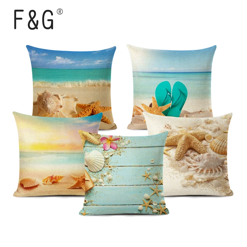 

Sea Shells Starfish Decorative Pillowcase Summer Beach Style Cushion Covers Linen Pillow Cover Home Sofa Decor 45x45cm