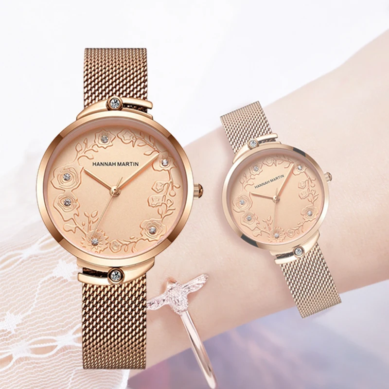 

New Fashion Women Watches Luxury Zircon Rose Gold Ladies Quartz Watches Relogio Feminino Steel Mesh Wristwatches Reloj Mujer
