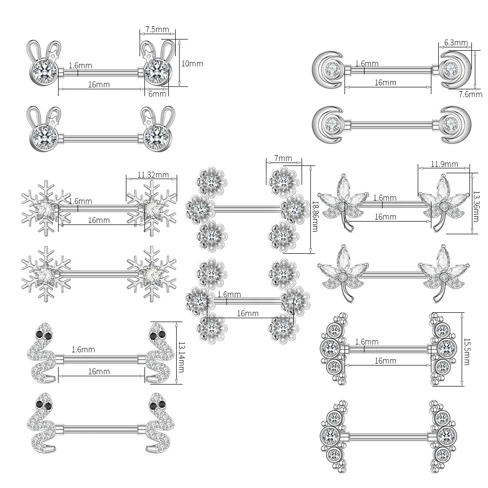 2PCS Surgical Steel Crystal Flower Nipple Rings Sexy Body Piercing Moon Bees Jewelry Snow Barbells Heart | Украшения и аксессуары