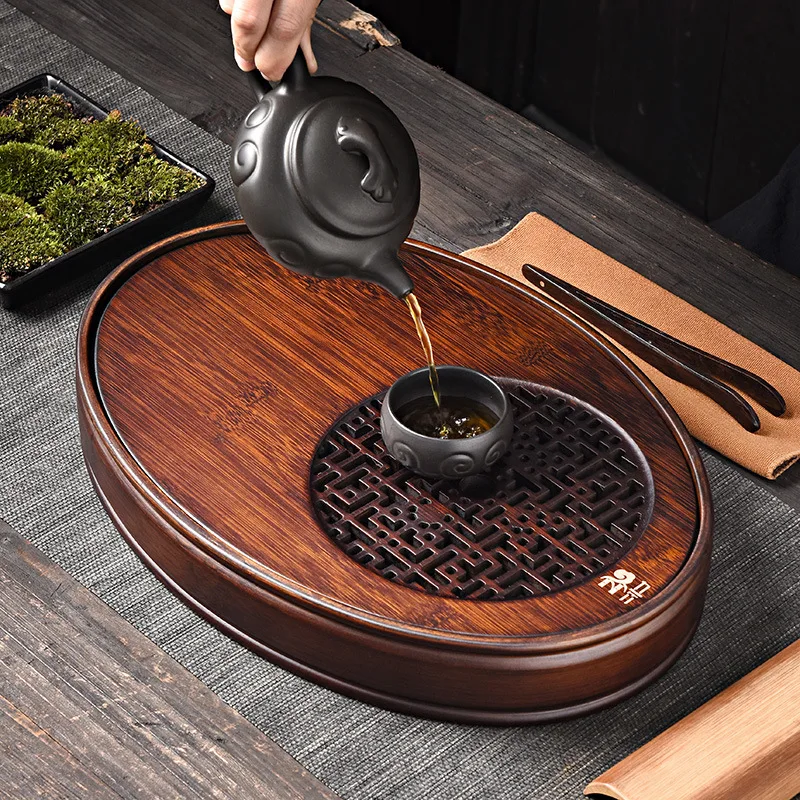 

Chinese Style Household Walnut Color Oval Simple Home Versatile Tea Table Convenient Water Storage Tea Tray Bamboo tray