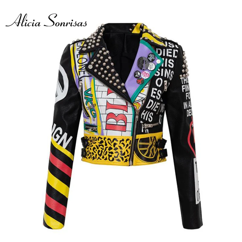 

2021 New Spring Autumn PU Leather Jacket Women Printed Color Contrast Short Female Motorcycle Biker Punk Street Coat AS28811