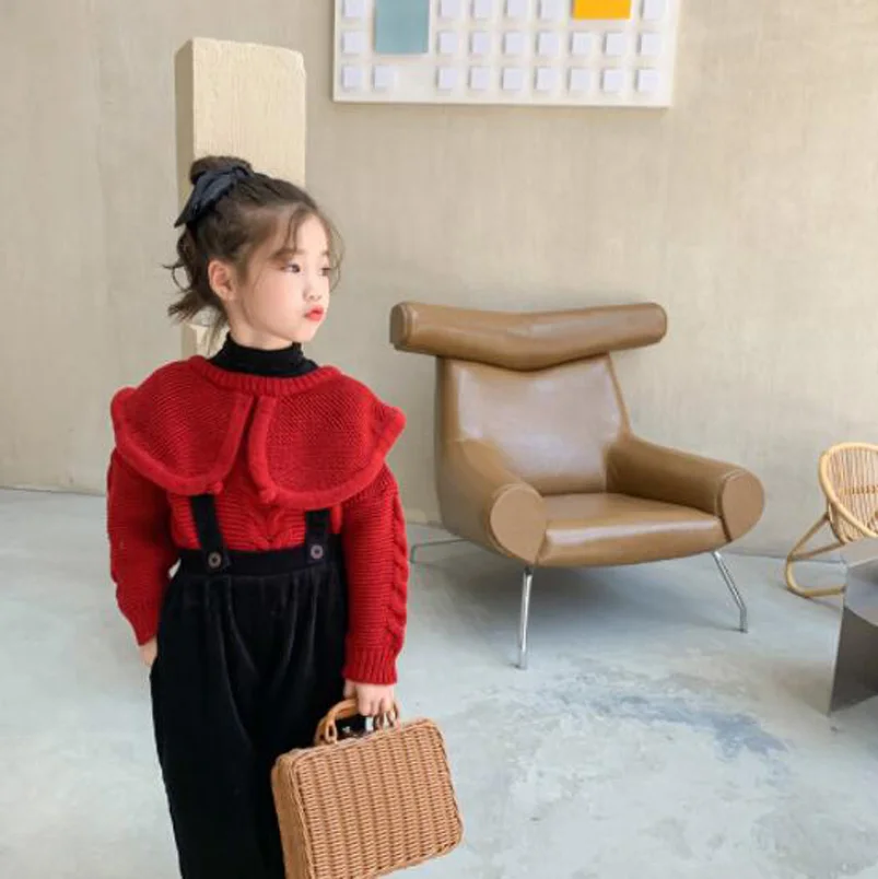 

Cultiseed Girls Vintage Big Turn Down Collar Thick Warm Knitted Sweaters Coats Clothes Childen Kids New Fashion Top+Jumpsuits