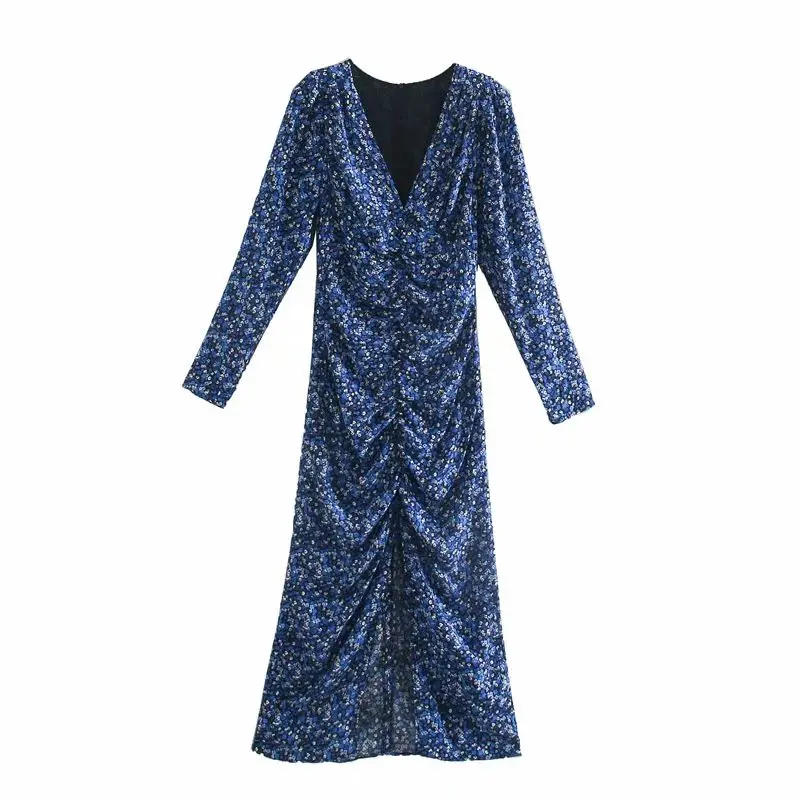 2020 Новое Женское платье с v образным вырезом и длинными рукавами миди разрезом по