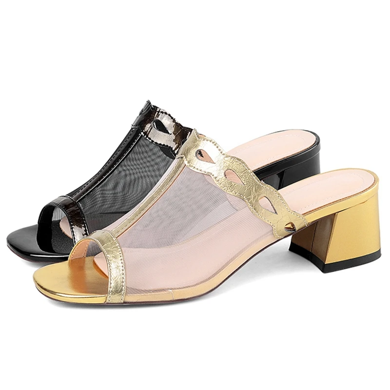

Women Summer Thick Heels Sandals 2020 Classic Patchwork Mesh Slides Genuine Leather Woman Shoes Plus Size Female Casual Slippers