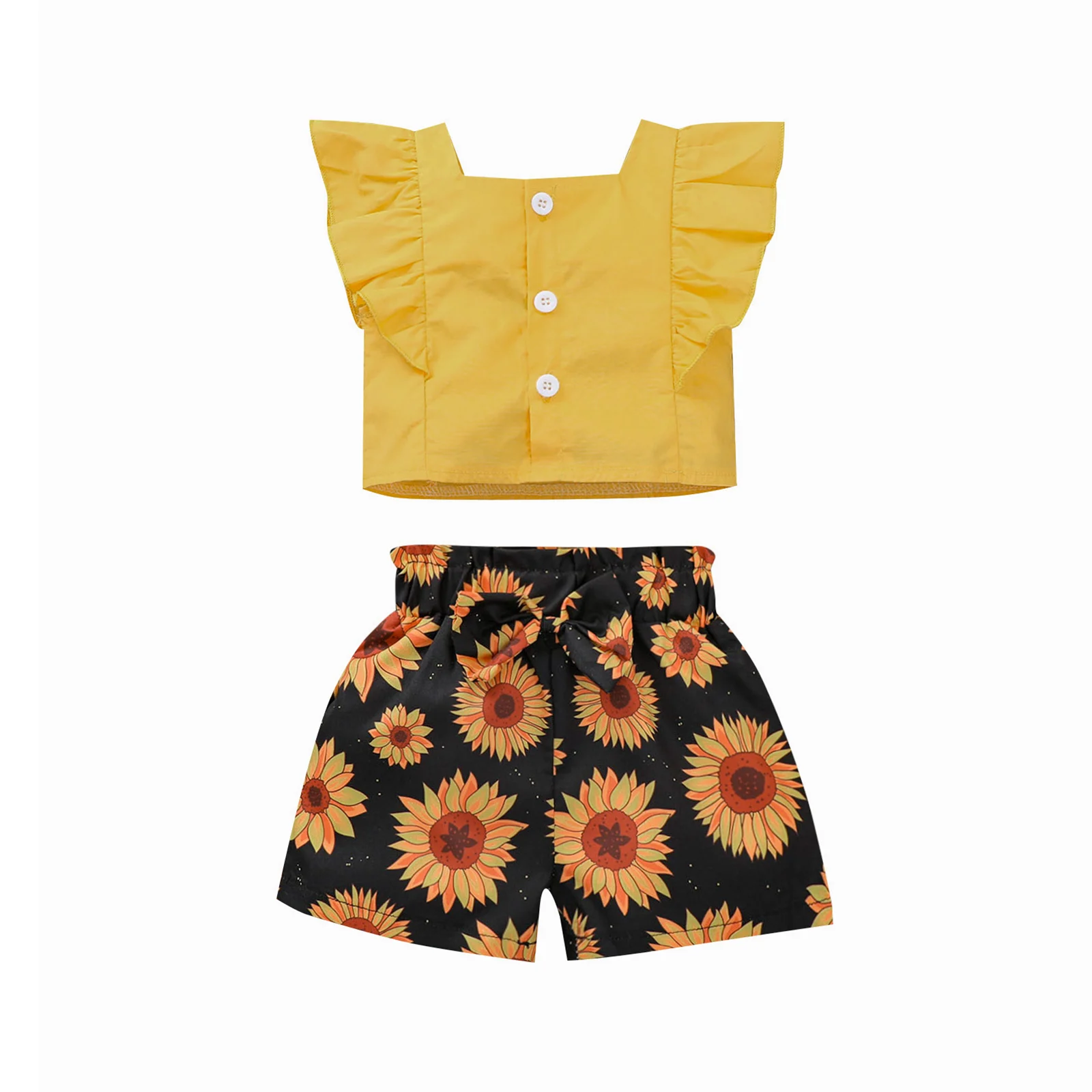 

Детская одежда для девочек с оборками, топы, шорты с цветочным принтом, с рукавами-крылышками и жилет с кнопками, вечерние уличные летние ком...