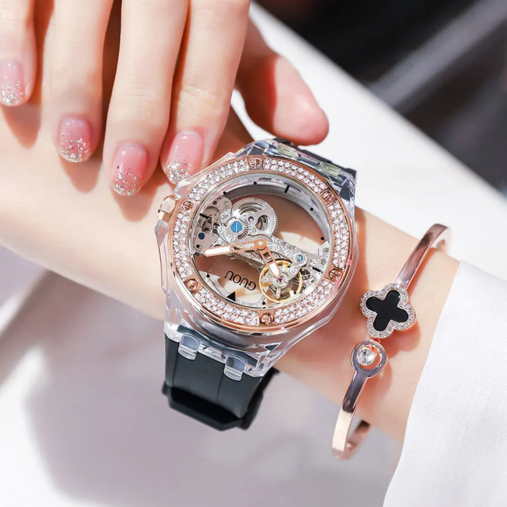 Korean Fashion Mechanical Watch Temperament Rhinestone Waterproof Tape Ladies Watch Transparent Dial Design Relogio Feminino