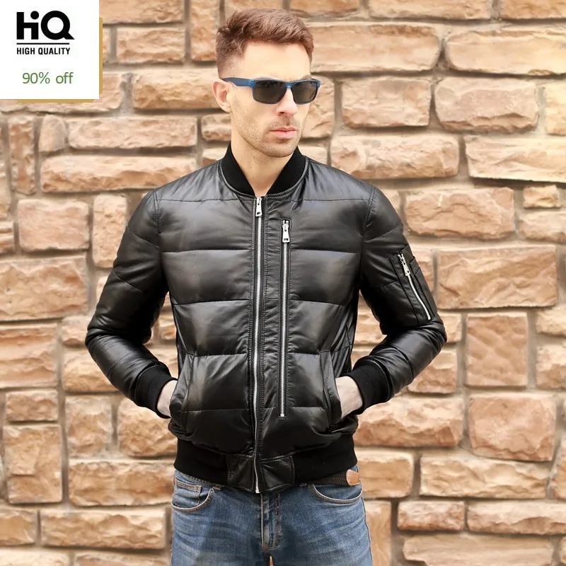 Men Winter Warm Black Genuine Leather Duck Down Flight Jackets Coats Large Size Real Sheepskin Bomber Aviation | Мужская одежда