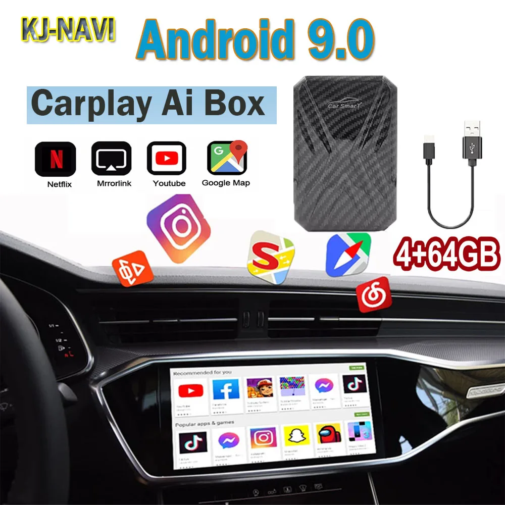 

Автомобильная ТВ-приставка, Автомобильный плеер, 4 + 64 ГБ, Android, подключи и работай для Apple Carplay TV Ai Box, автомобильное беспроводное видео Mirrorlink