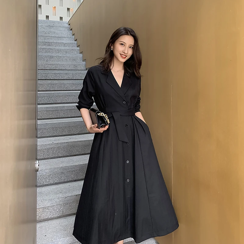 Для женщин светская Хепберн Тренч Платье Винтаж однобортный пояса Длинная