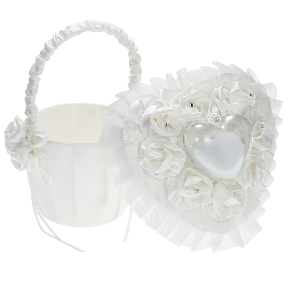 

White Elegant Heart Ring Bearer Pillow and Satin Flower Girl Basket Romantic Wedding Decoration Supplies Set With Rhinestone