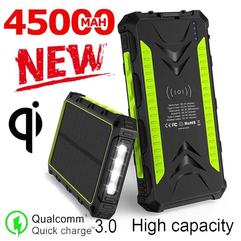 45000mah Солнечный Qi беспроводной внешний аккумулятор портативное Внешнее зарядное