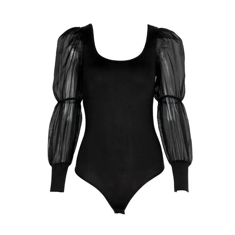 

Womens Black Bodysuit Latern Clear Long Sleeve Bodysuit Leotard Bodycon Bandage Jumpsuit Romper Tops Blouse