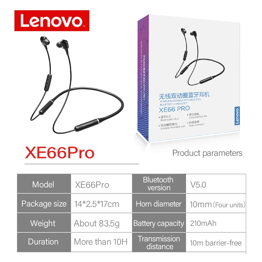 

Auricolari Wireless Lenovo XE66 Pro cuffie con doppio collo dinamico Bluetooth 5.0 IPX5 cuffie impermeabili 4 altoparlanti HIFI