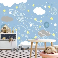 custom mural cartoon hand painted rocket universe starry sky children boys room bedroom background wall photo wallpaper for kids