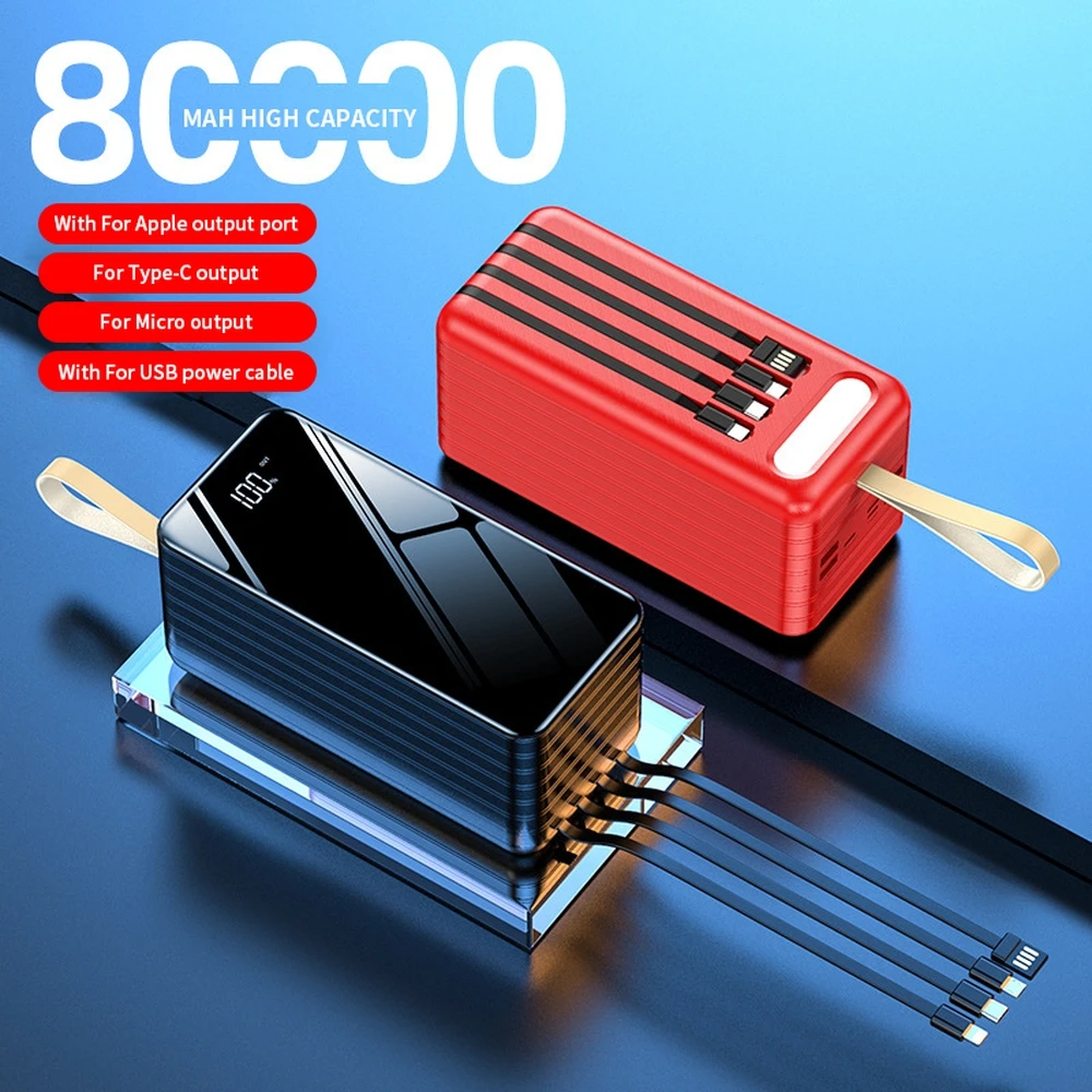 

PINZHENG 80000mAh Дополнительный внешний аккумулятор для iPhone, Xiaomi, Huawei, портативное зарядное устройство, внешний аккумулятор встроенный 4 кабели Power Bank