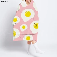 egg printed oversized hooded wearable blanket hoodie robes sherpa large pocket fleece female man sleepwear nightdress pajamas