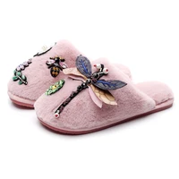 fashion women winter slipper luxury rhinestone home slippers warm soft indoor shoes flat plushflower shoe fur woman slides