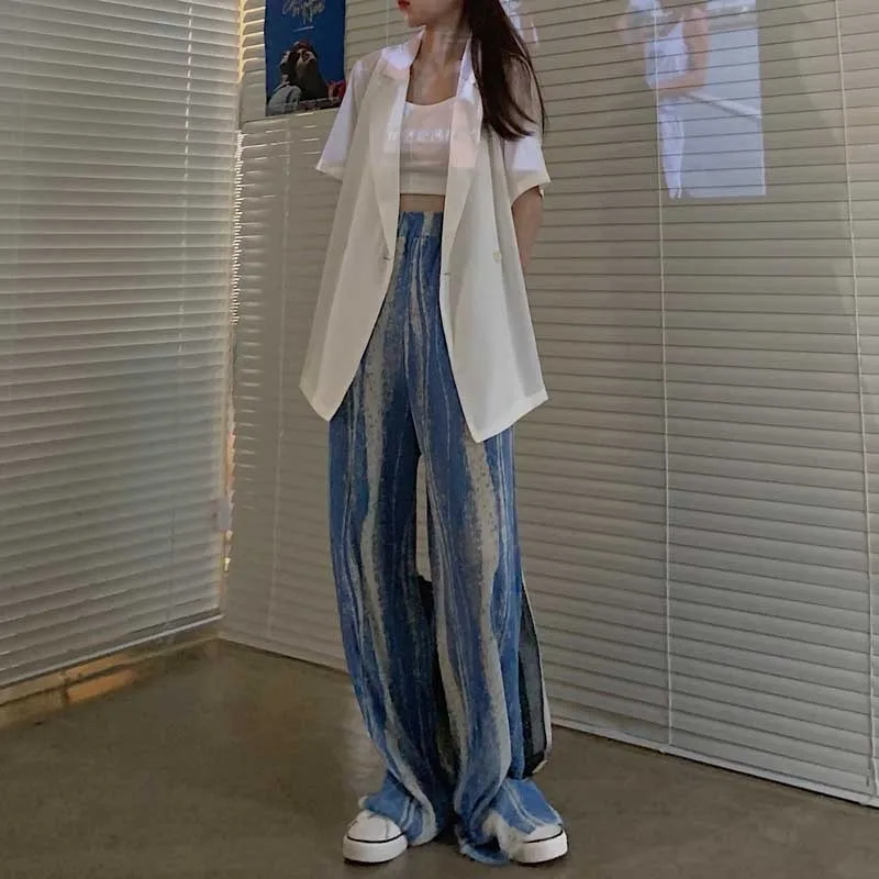 

Tie-Dyed Wide-Leg Pants Women's Spring and Autumn Korean Style High Waist Slimming All-Matching Draping Mopping Pants Retro Hong