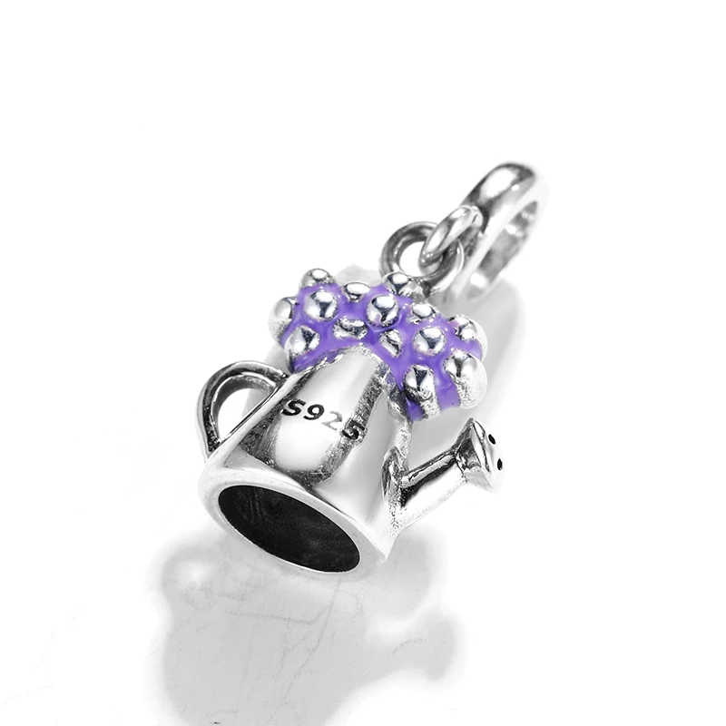 Лейка цветы горшок фиолетовая эмаль семья мама серебряные бусины 925 пробы