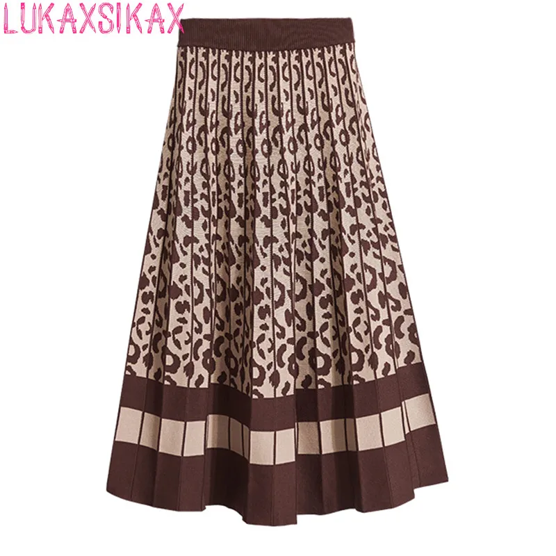 

LUKAXSIKAX New Autumn Winter Women High Waist Slim A-Line Long Skirt Fashion Color-blocked Retro Pattern Knitted Skirt