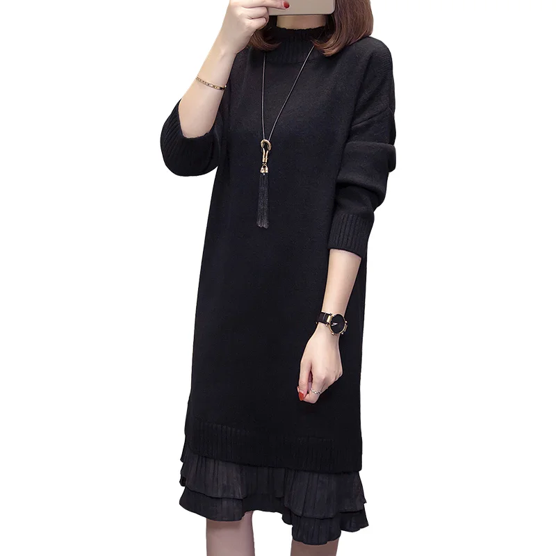 XL-4XL размера плюс, женское вязаное платье с высоким воротом, зима, длинный рукав, пэтчворк, гофрированный женский свитер, теплые платья