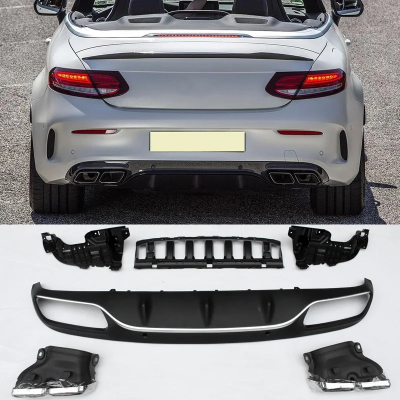 

C63-S Style ABS Bumper Diffuser Lip Spoiler add tail pipe Fit For BENZ W205 C180 C200 C220 C300 Sport