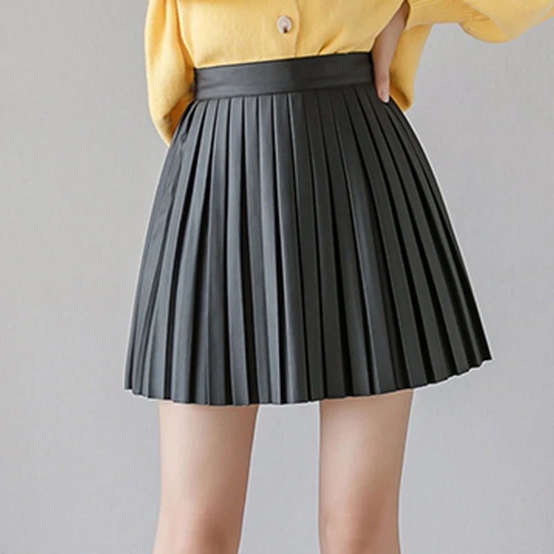

2021 Spring Autumn Pleated Skirt High Waist PU Mini Skirt Women's Fashion Slim Waist Casual Sweet Girls Skirts Free Shipping