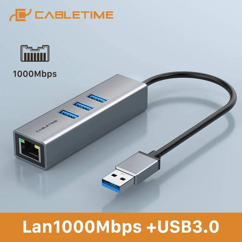 

CABLETIME USB 3.0 to Ethernet LAN Adapter 1000Mbps USB3.0 Hub RJ45 Converter for Laptop Set-Top Box USB Lan Network Card C411