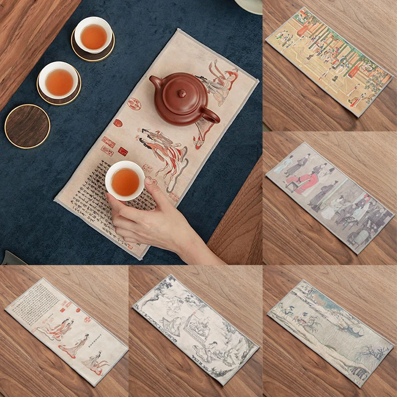 

Retro Painted Thick Plush Tea Towel Chinese Style Classical Napkin Tablecloth Super Absorbent Teaware Set Kung Fu Tea Props