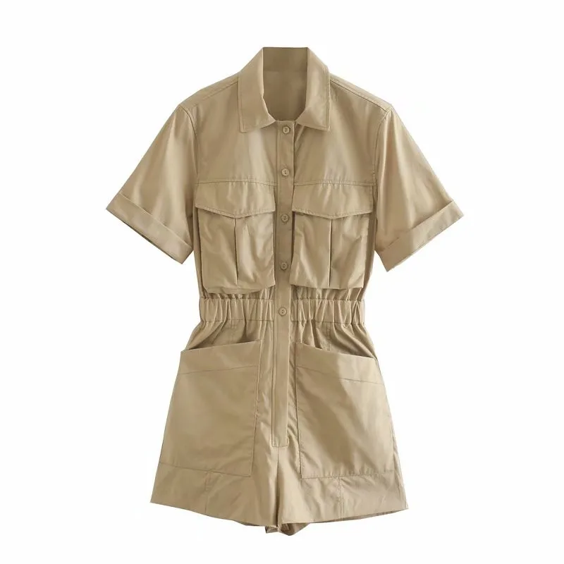 Женский Повседневный Комбинезон Za цвета хаки короткий комбинезон с эластичной