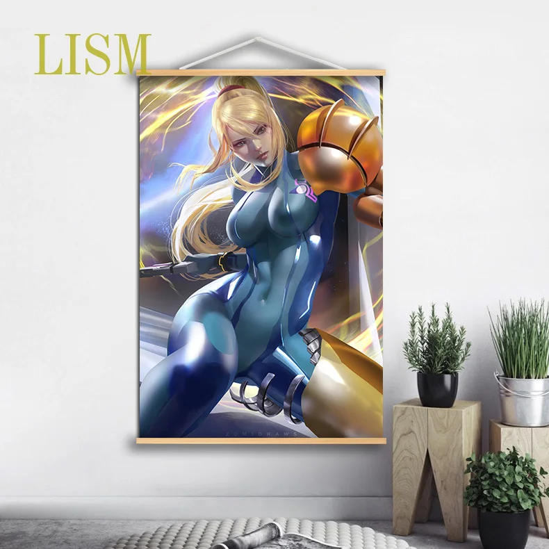 METROID Samus Aran аниме постер манга картина с твердой древесиной висячая прокрутка