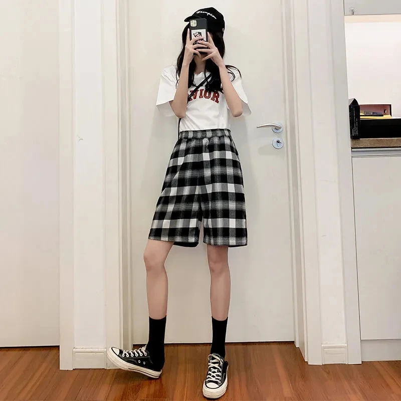 

woman 2021 traf Plaid Shorts Summer Loose High Waist Casual Pants Straight Wide Leg Pants Trend y2k Women's pants trouser suits