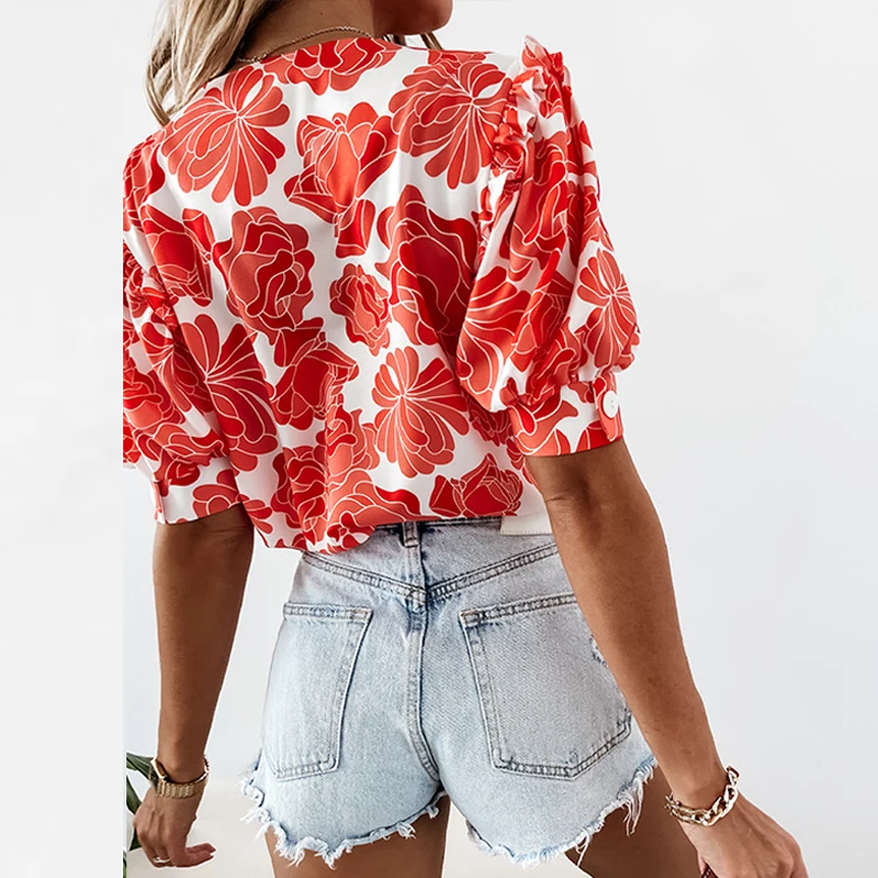 

Women Casual Short Sleeve Beach Tops Blusas Autumn Button Notched Office Lady Shirt Summer Elegant Flower Printed Ruffle Blouses
