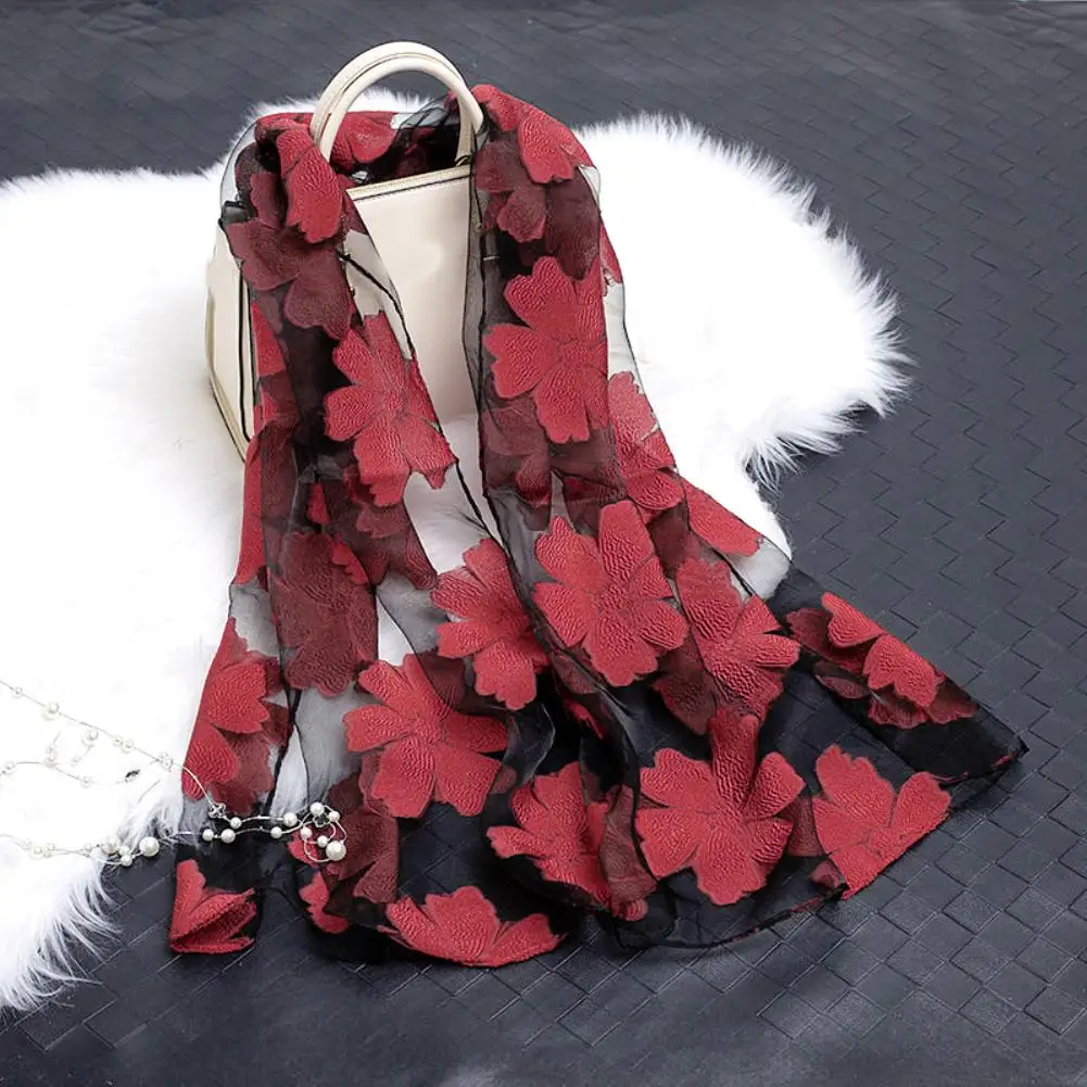 

Women Floral Embroidery Sheer Anti UV Long Neck Scarf Head Wrap Hijab Shawl Stop The Flying Spit for Summer 2020