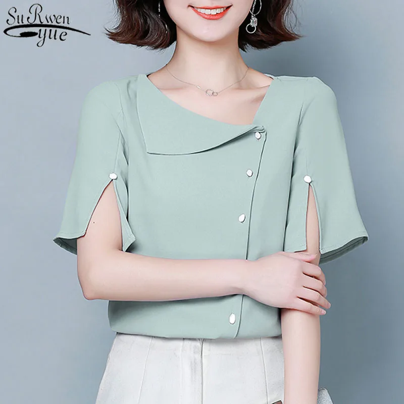 

Blusas Марочная шифоновая блузка женская летняя обувь топы, блузки с коротким рукавом однотонные женские рубашки 2021 НОВАЯ шикарная рубашка Ropa ...