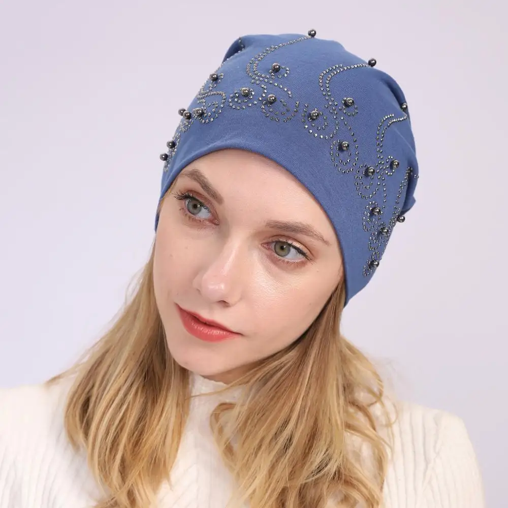 Эластичная мягкая хлопковая шапка тюрбан украшенная бусинами женские шапочки и