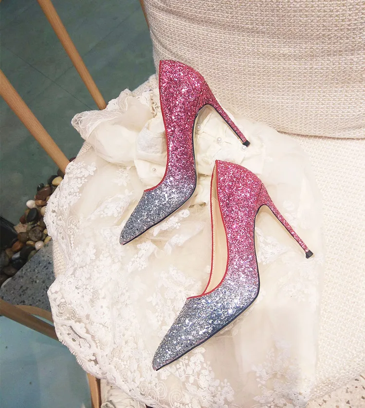 

Free shipping Designer new style fashion women pumps blue pink glitter strass point toe high heels shoes bridal wedding shoes