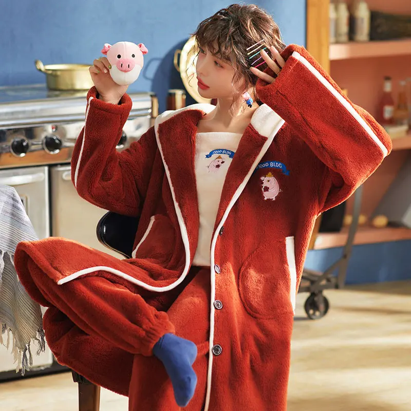 

2020 Winter Coral Velvet Women's Pajamas Lovely Cartoon Female Cardigan Homewear Thickened Warm Flannel Suit Three-piece set