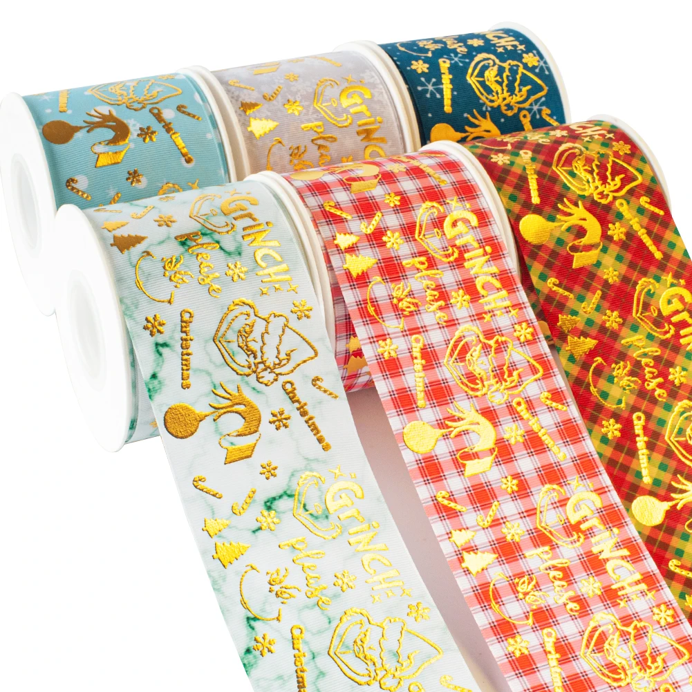 

Christmas Green dog Gold Foil Cartoon Print Grosgrain Ribbon Thermal Transfer Printed Gift Wrapping Ribbon Hair Bow Craft