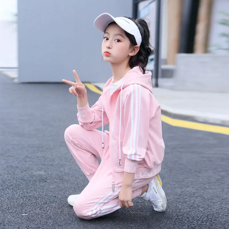 Fashion Big Girls Sports Suits stripe pink and Black Clothing Set for Teenage Autumn Tracksuit Kids Plus Size Sportswear 8 10 12 |