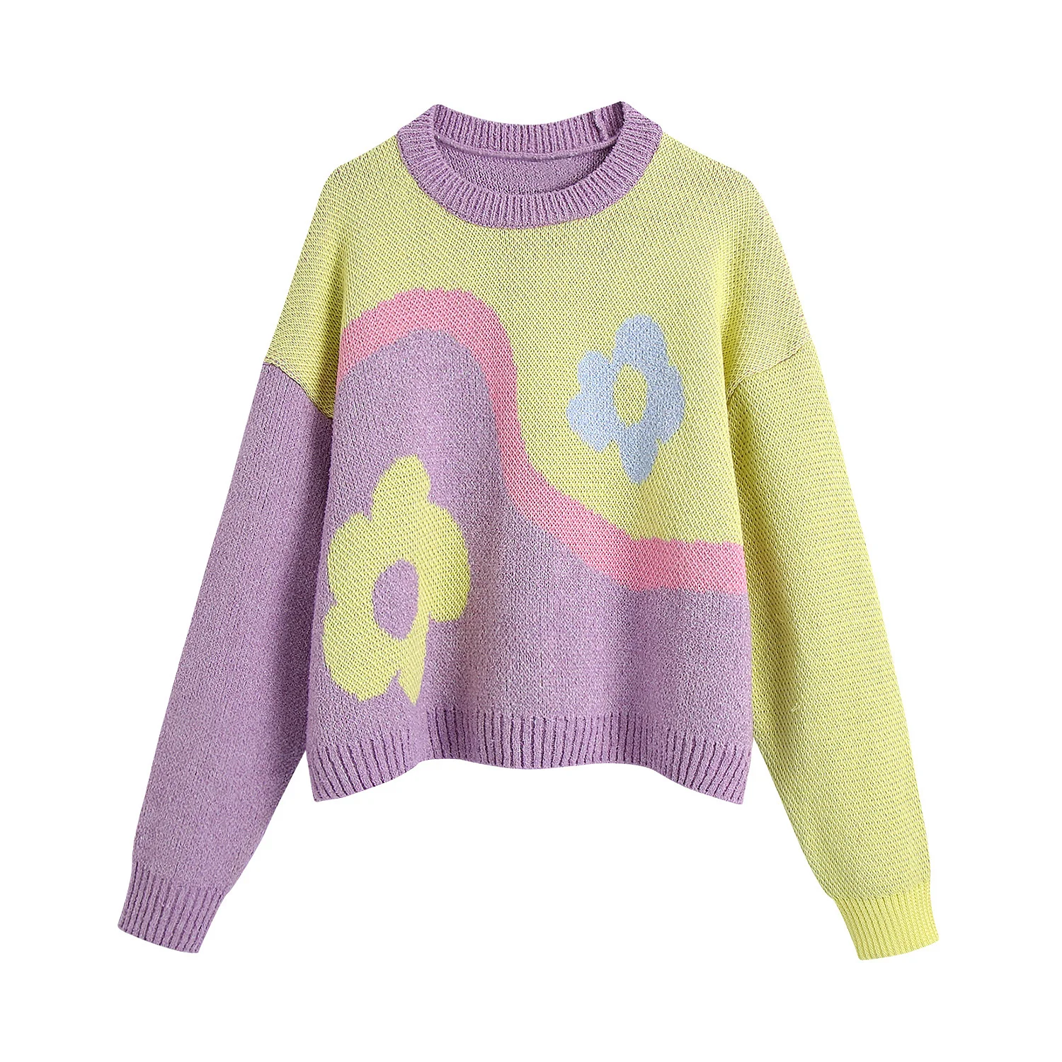 

Women Knitted Sweater Packwork O Neck Long Sleeve Knit Pull Vintage Pullover Jumper Mujer 2021 Winter Woman Sweaters Knitwear