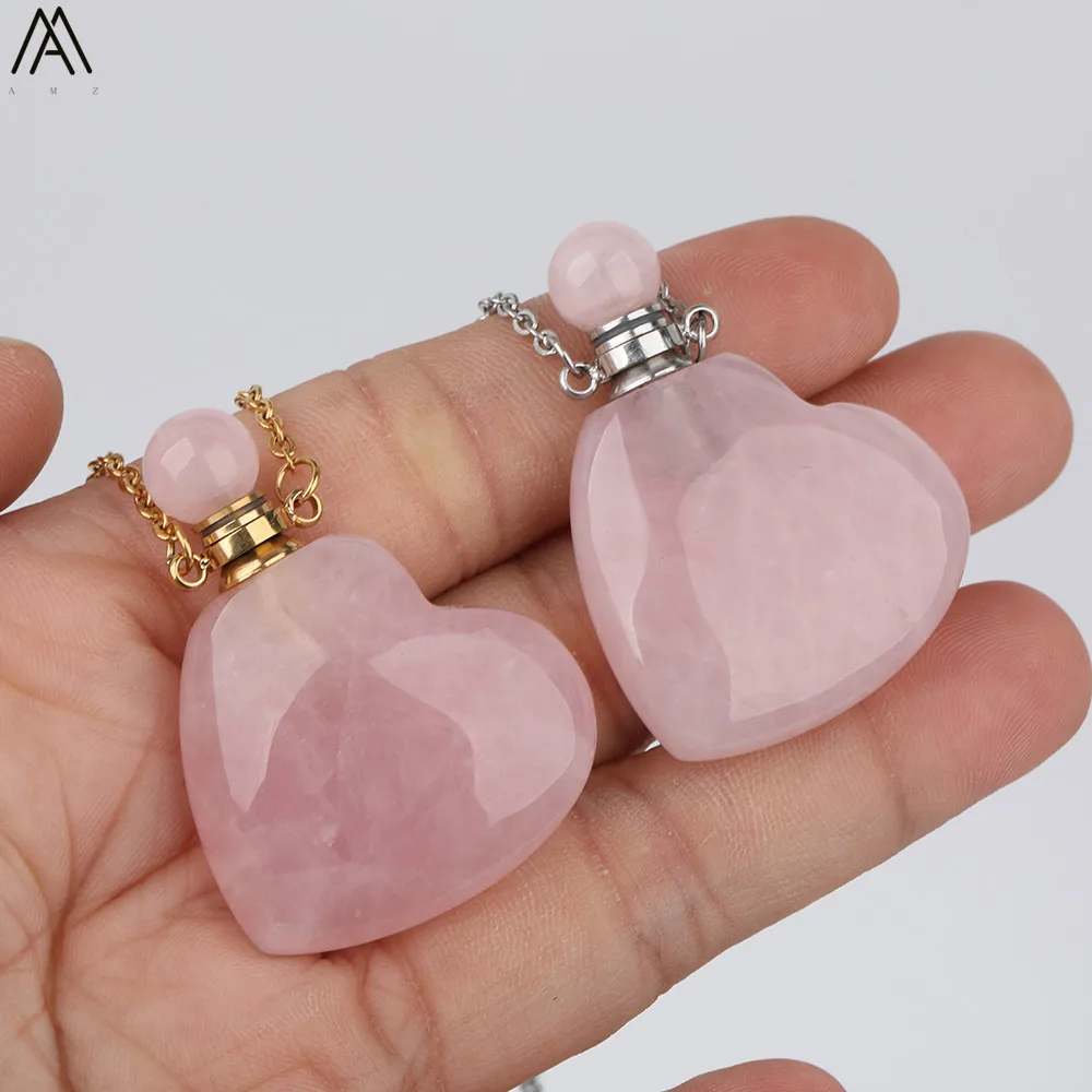 Естественная форма сердца розовая кварцевая подвеска в виде бутылочки парфюма