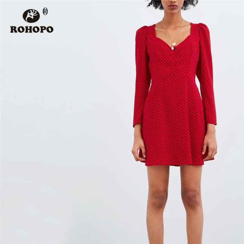 ROHOPO/осеннее красное платье с длинным рукавом и квадратным воротником в черный