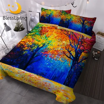 BlessLiving Leaves Bedding Autumn Trees Duvet Cover Set Oil Painting Comforter Cover Canvas Print Vintage Bed Set Leaf Bedspread 1